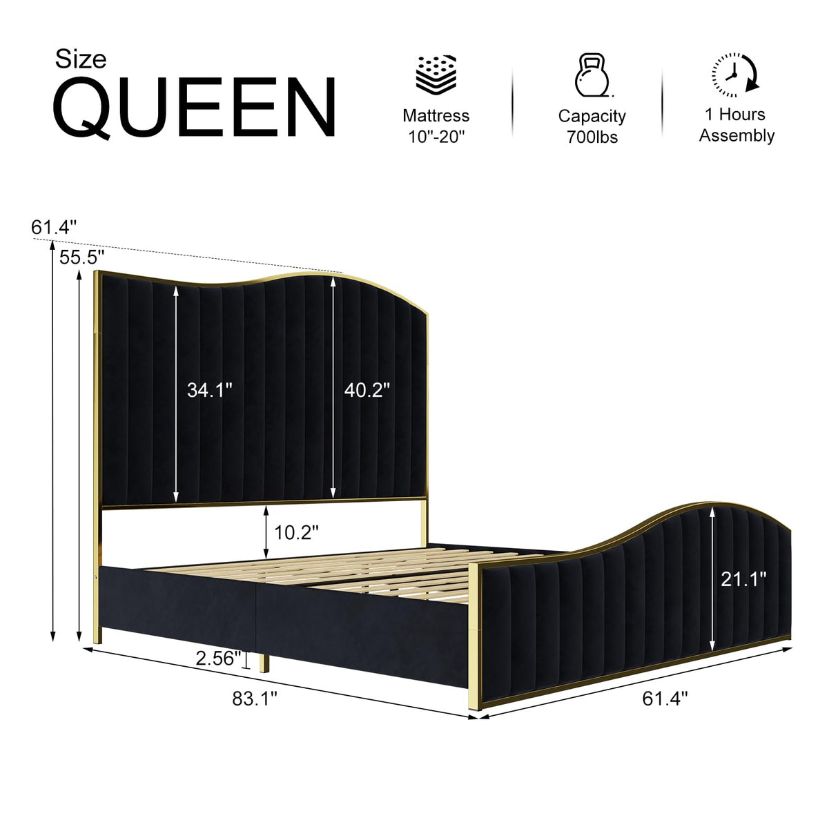 Queen Size Harp Bed Frame, Velvet Upholstered Platform Bed with 61.4" Vertical Channel