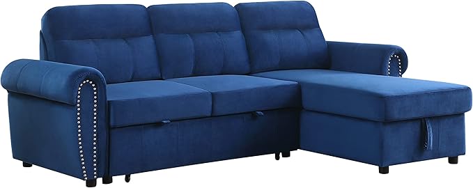 Ashton Gray Velvet Fabric Reversible Sleeper Sectional Sofa Chaise