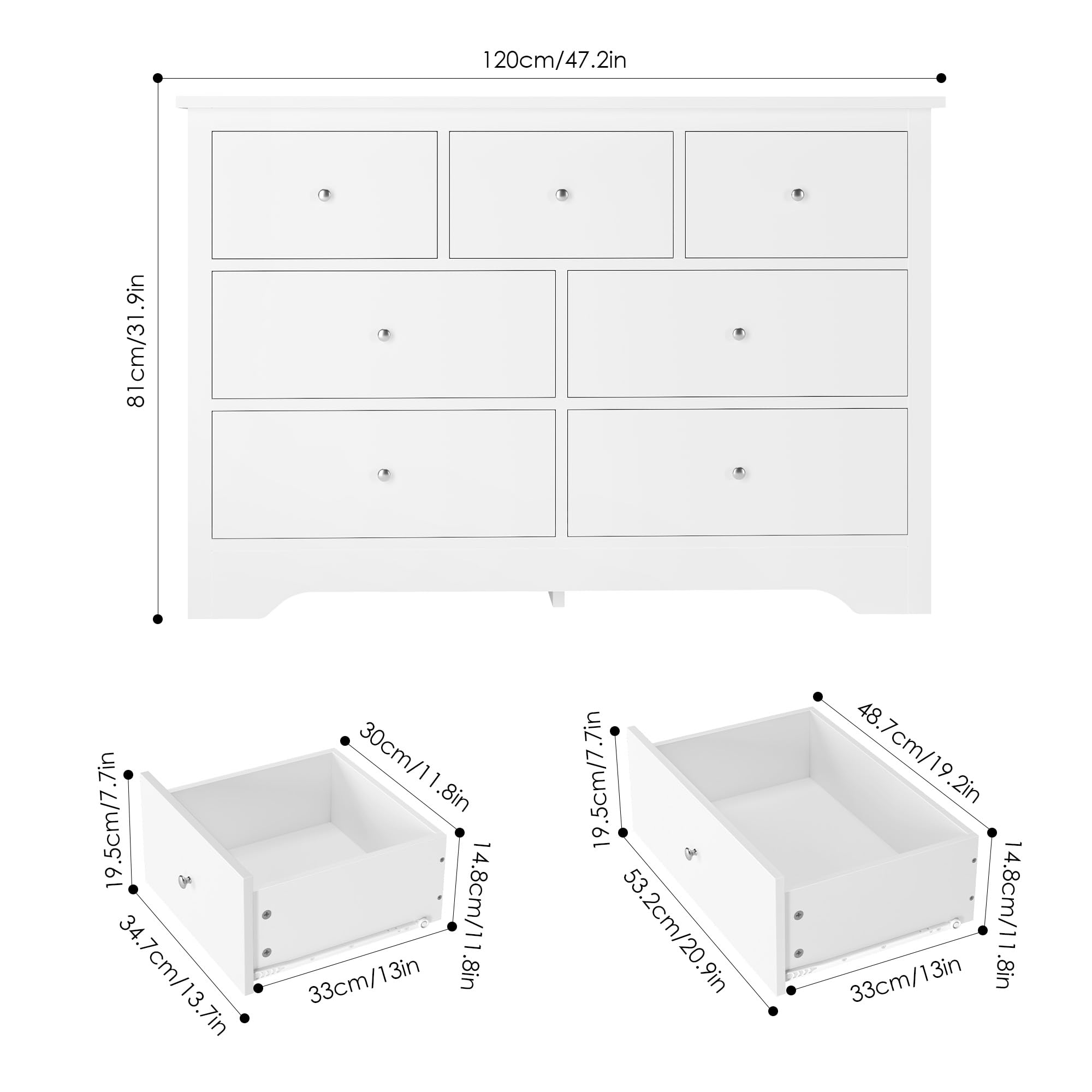 White Dresser 7 Drawer Dresser, 47.2'' White Chest of Drawers Modern Dresser