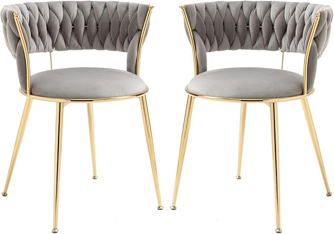 Dining Chair Set of 2, Velvet Woven Upholstered Dining Chair with Gold Metal Legs,