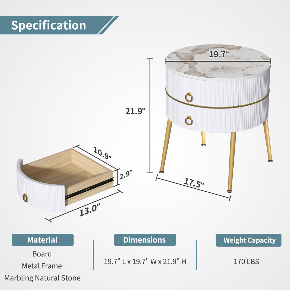 Marble Round End Table, Modern Nightstand Table with 2 Drawers