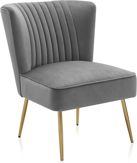 Modern Velvet Accent Chair, Armless Slipper Chair with Gold Legs Channel Tufting,