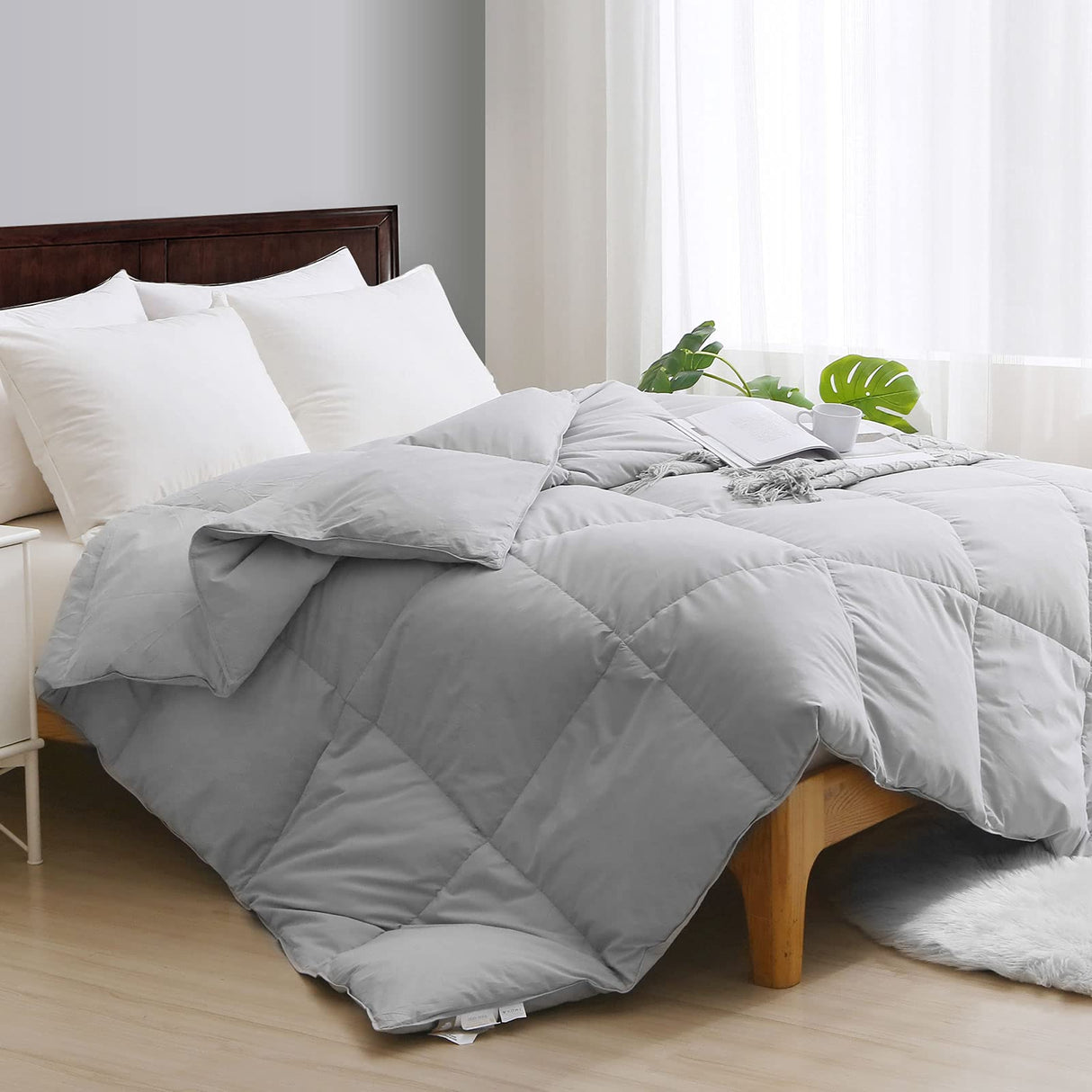 Twin Size Feathers Down Comforter - Ultra Soft All Seasons Grey Organic Cotton Feathers