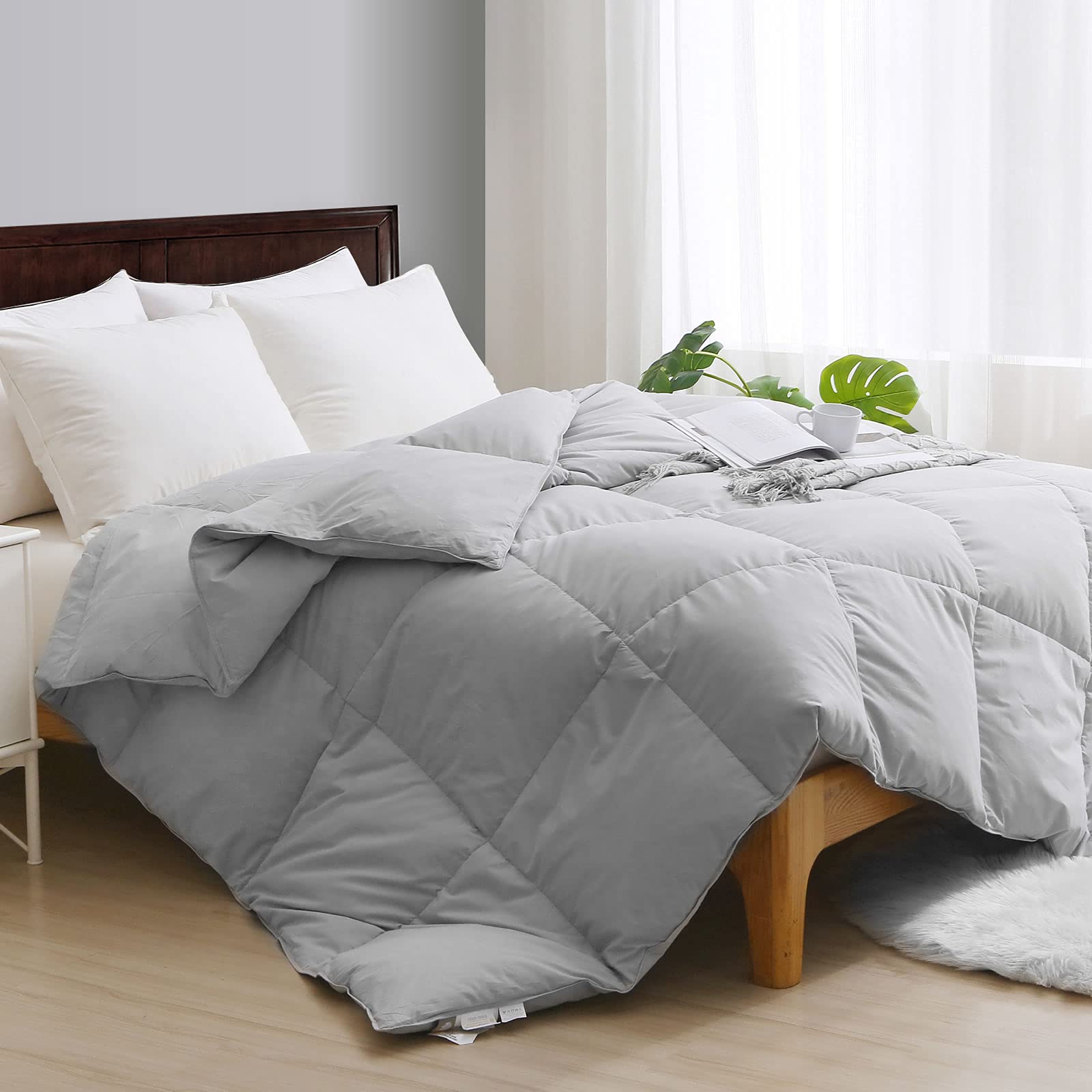 Twin Size Feathers Down Comforter - Ultra Soft All Seasons Grey Organic Cotton Feathers