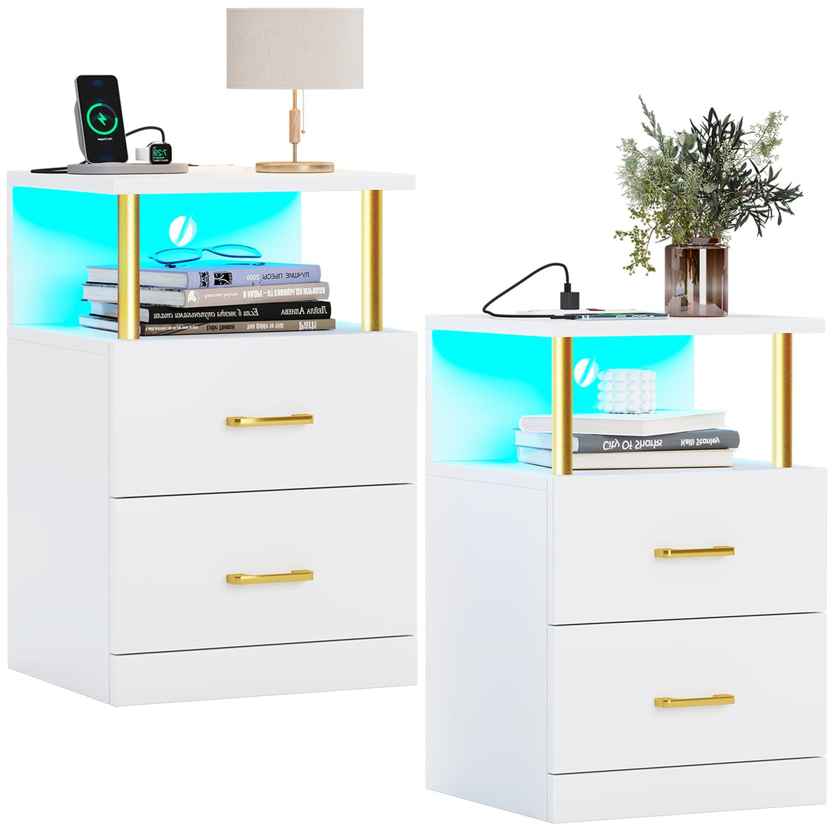 Nightstand with Charging Station and LED Lights, Nightstands Set of 2, Bedside Table