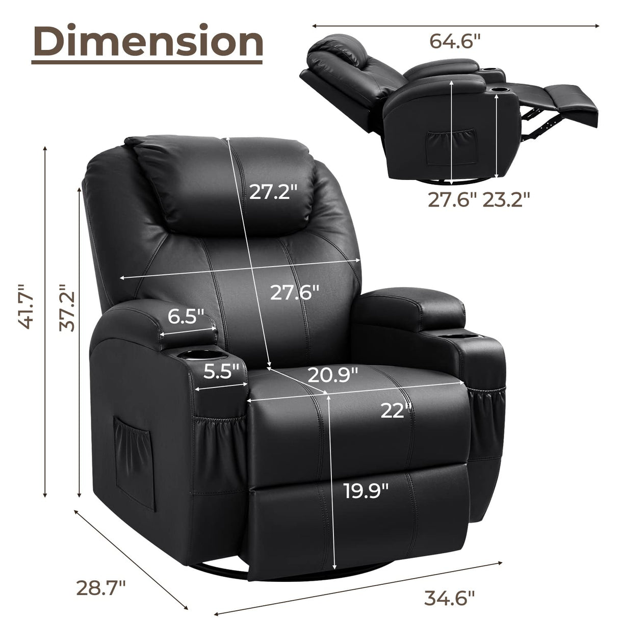 Rocker Recliner Chair with Massage for Elderly, Leather Adjustable 360°Swivel Rocking