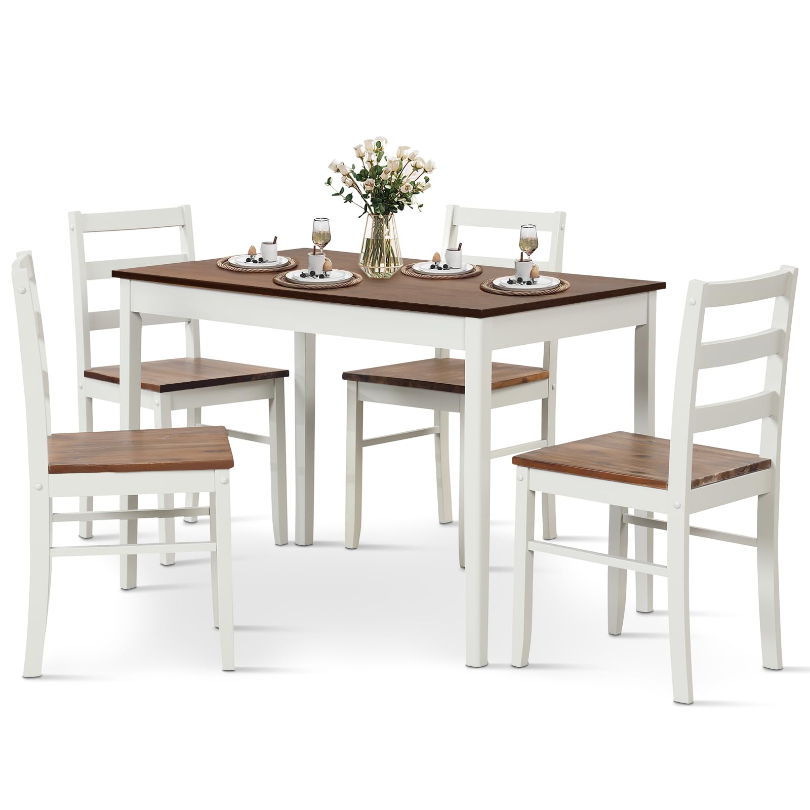 Dining Table Set for 4, Wood Kitchen Table Chairs Set with Rubber Wood Legs, Space