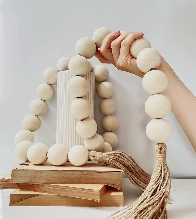 Wood Bead Garland，1.6" Diameter Wooden Beads Tassels, Decorative Beads Boho Decor
