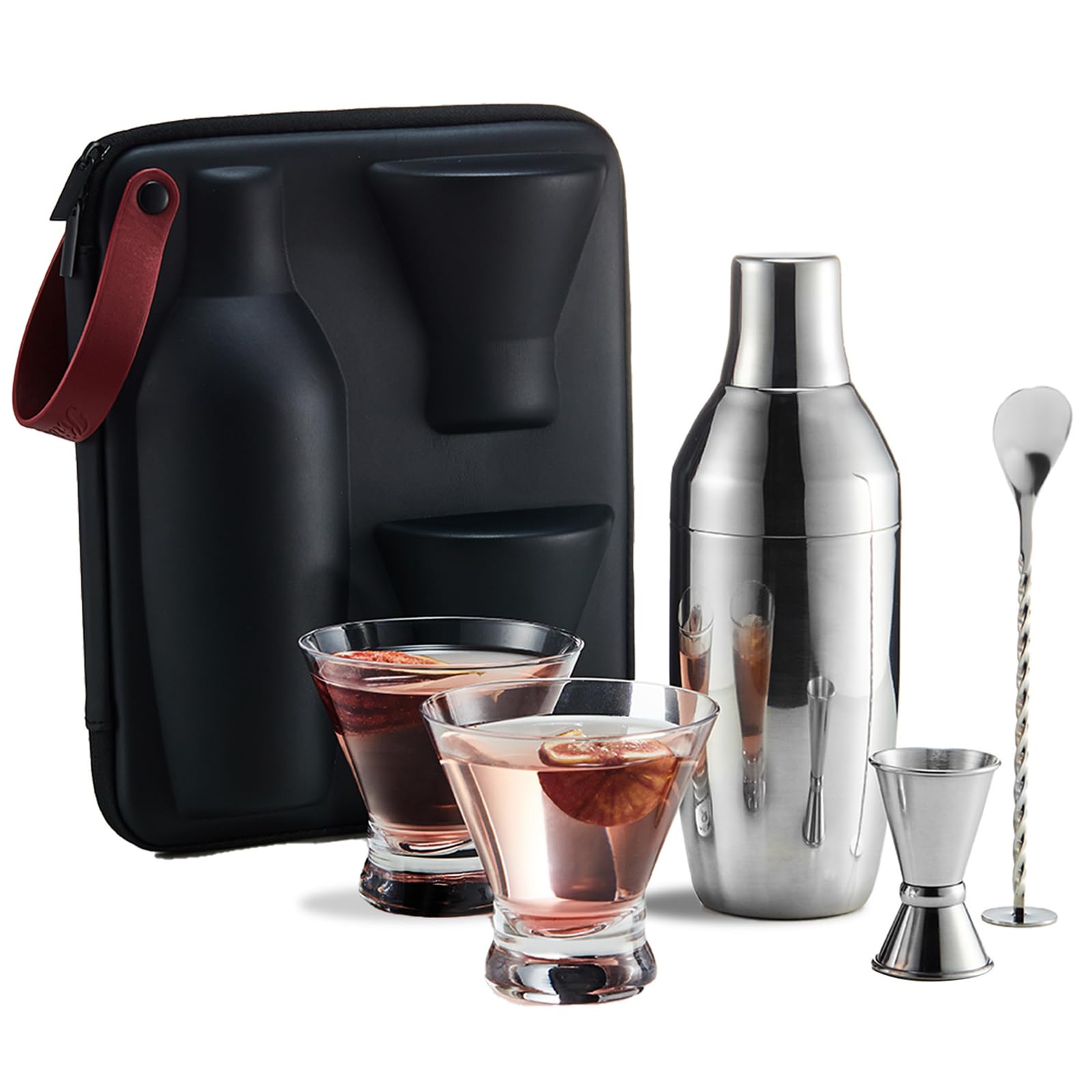 Cocktail Shaker Set with Carry Case: Vacuum Insulated Martini Shaker with Built-in Strainer