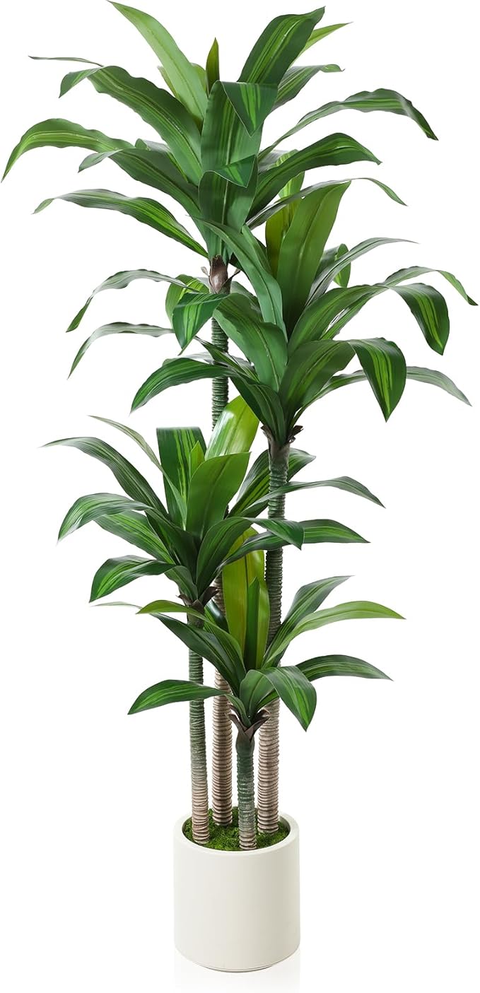 Artificial Dracaena Tree 6ft, Tall Fake Dracaena Plants with White Planter