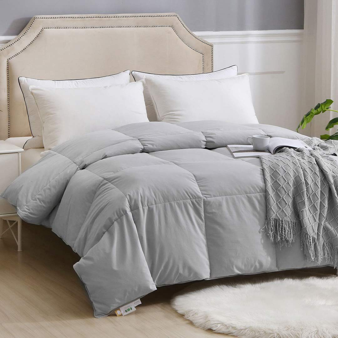 Twin Size Feathers Down Comforter - Ultra Soft All Seasons Grey Organic Cotton Feathers
