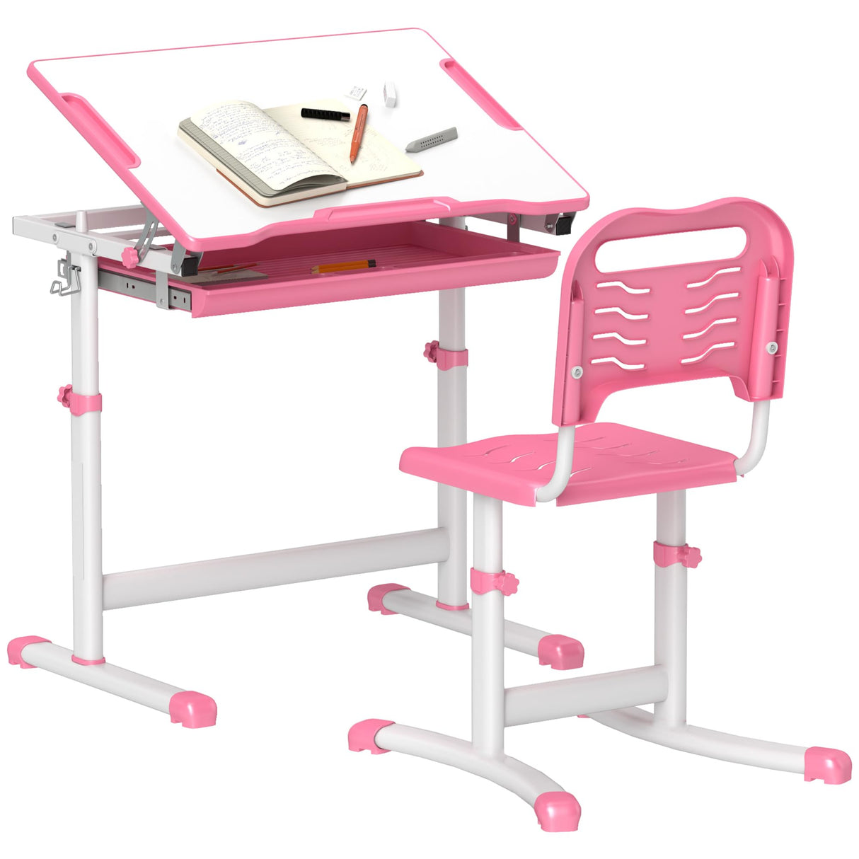 Height Adjustable Children School Study Desk with Tilt Desktop, Storage Drawer, Pen Slot,