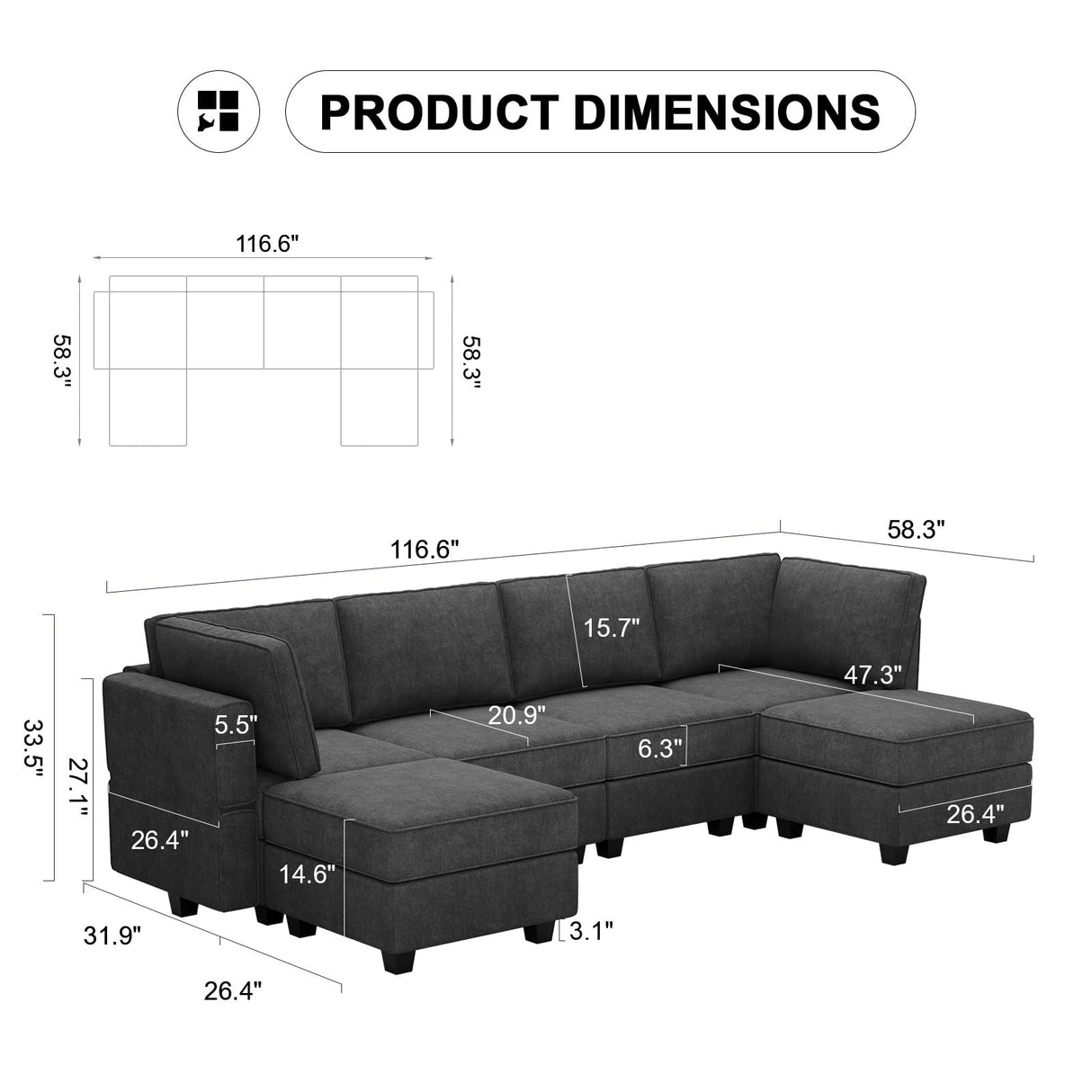 U Shaped Sofa Modular Couch Reversible Storage Ottoman 6 Seater Sofa Large Couches