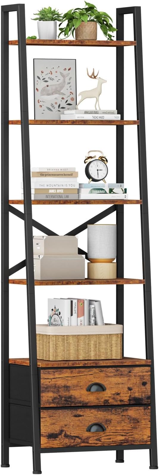 5-Tier Ladder Shelf with 2 Drawers,Narrow Bookshelf Storage Shelves,Industrial Bookcase Freestanding Shelf Units for Bedroom,Living Room,Bathroom,Home Office,Balcony,Wood Metal,Rustic Brown