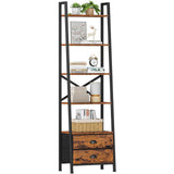 5-Tier Ladder Shelf with 2 Drawers,Narrow Bookshelf Storage Shelves,Industrial Bookcase Freestanding Shelf Units for Bedroom,Living Room,Bathroom,Home Office,Balcony,Wood Metal,Rustic Brown