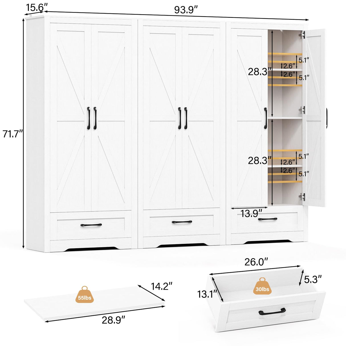 RESOM Tall Farmhouse Storage Cabinet with Barn Door and Drawer, 72" Tall Kitchen Pantry with Adjustable Shelves, White Storage Cabinet for Kitchen, Dining Room, Bathroom, Living Room, Set of 3