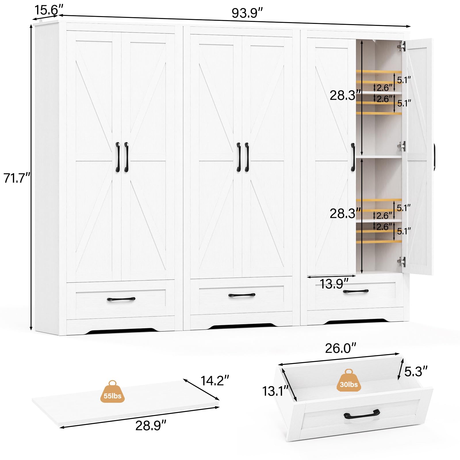 RESOM Tall Farmhouse Storage Cabinet with Barn Door and Drawer, 72" Tall Kitchen Pantry with Adjustable Shelves, White Storage Cabinet for Kitchen, Dining Room, Bathroom, Living Room