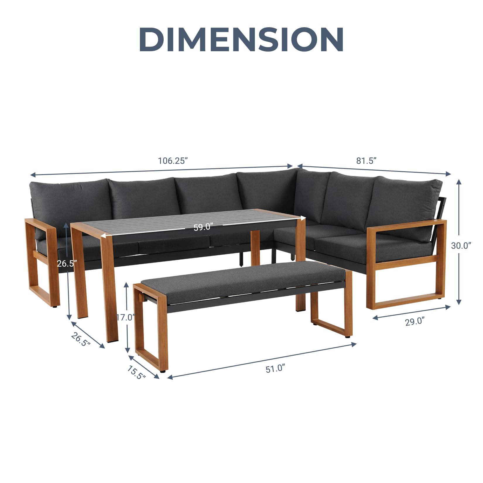 4-Piece Outdoor Furniture Set for 8, Aluminum Sectional Sofa Set