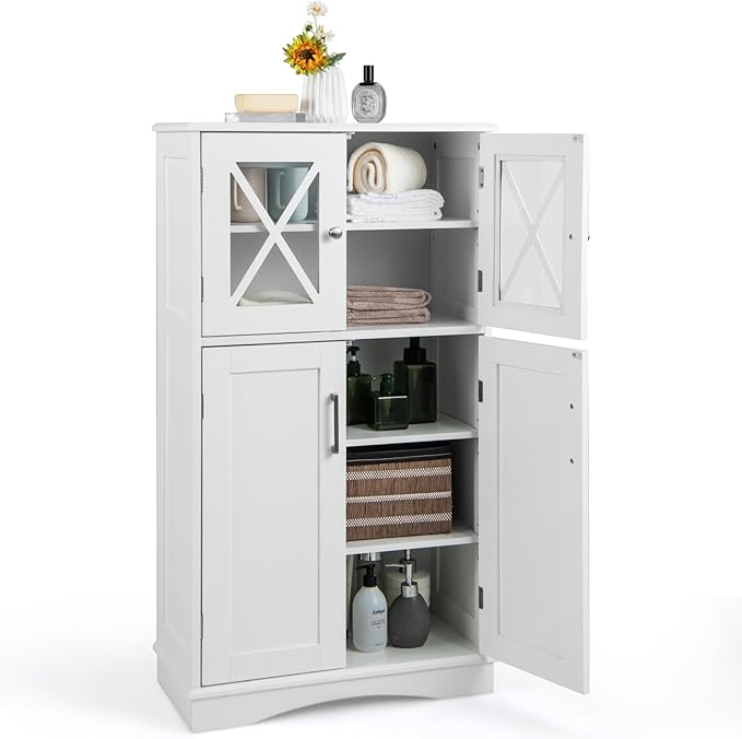 Bathroom Floor Storage Cabinet - Linen Floor Cabinet with Doors and Adjustable Shelves