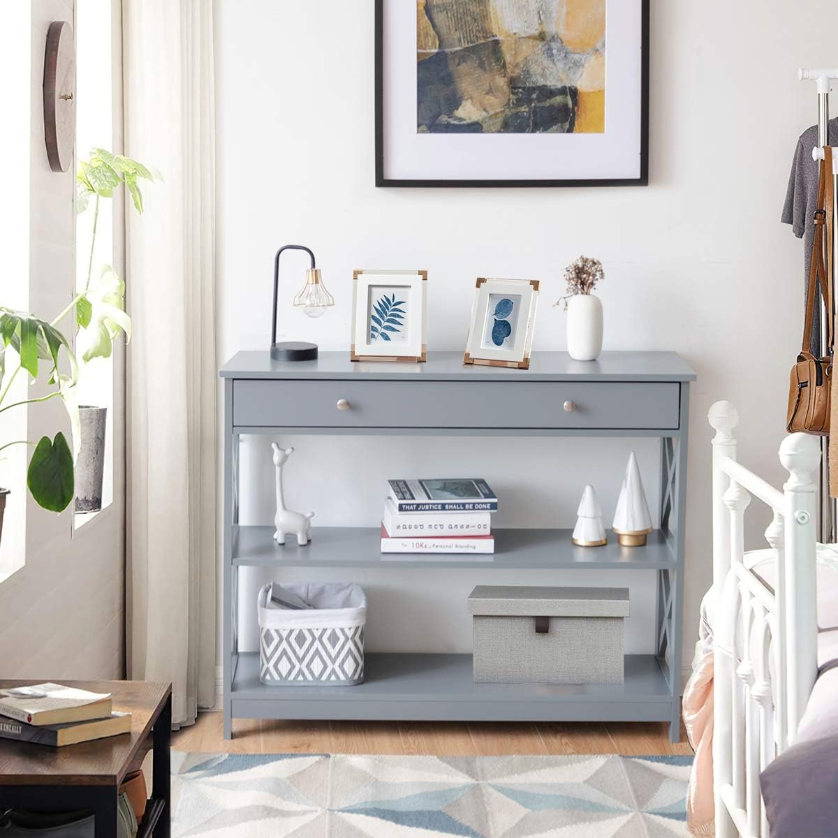 3-Tier Console Table, Wooden Sofa Tables Narrow Long with Large Drawer & 2 Open