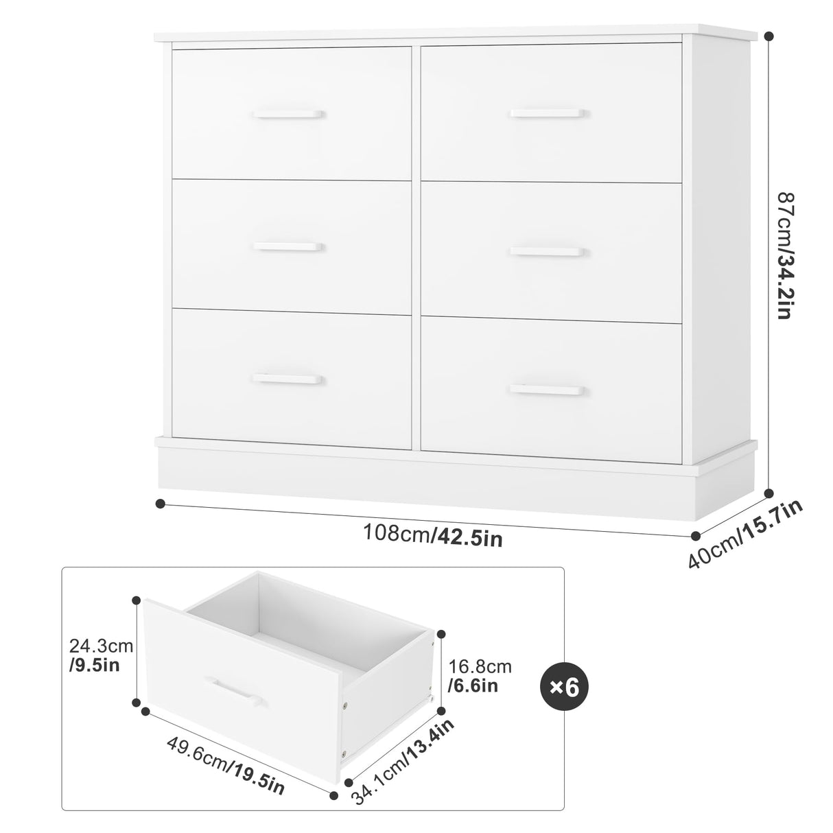 White Dresser 6 Drawer Dresser, White Chest of Drawers Modern Dresser