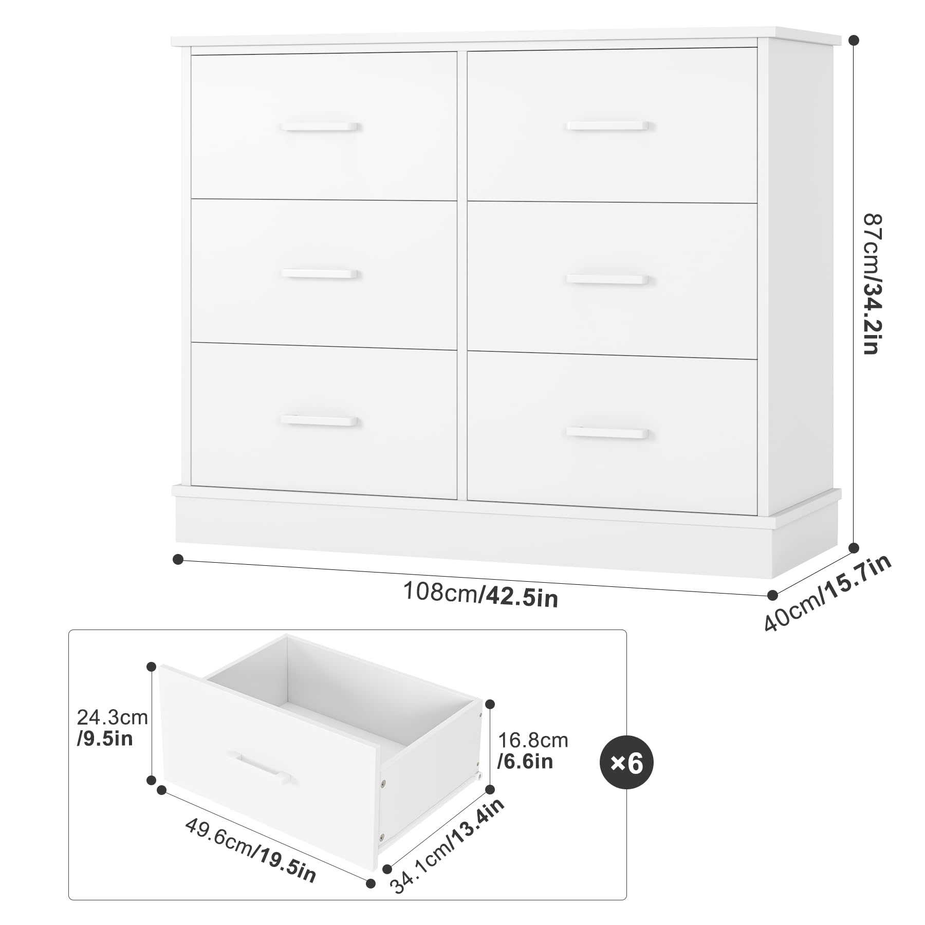 White Dresser 6 Drawer Dresser, White Chest of Drawers Modern Dresser