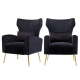 Accent Chairs Set of 2, Modern Living Room Armchairs Comfy Upholstered Single Sofa Chair for Bedroom Dorms Reading Reception Room with Gold Legs & Small Pillow, Black