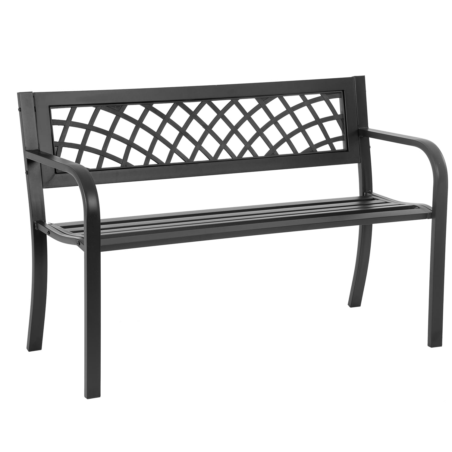 Outdoor Garden Bench,Iron Steel Frame Patio Bench with Mesh Pattern and Plastic Backrest Armrests for Porch