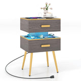 Nightstand with Charging Station & LED Lights, 28.5" Bedside Table with 2 Drawers