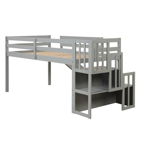 twin Loft Bed with Slide and Stairs, Solid Wood Kids Loft Bed with Full-Length Safety