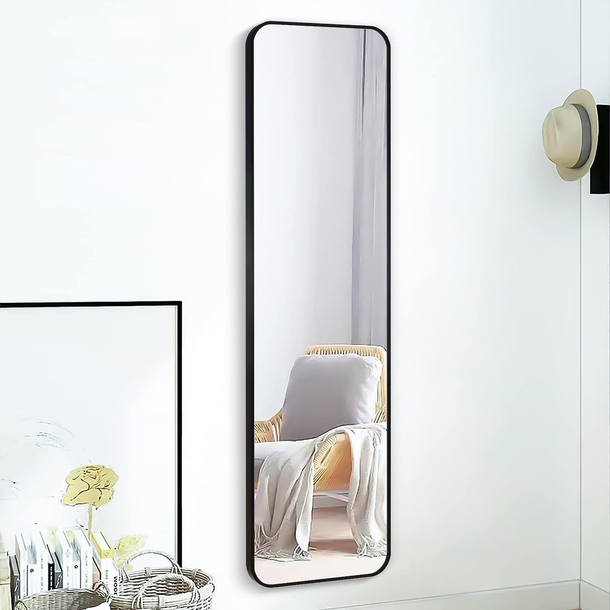 47x14 Mirror Full Body Length Door Hanging Rope Hang Wall Mounted Metal Frame Rectangle Mirrors for Bedroom Bathroom