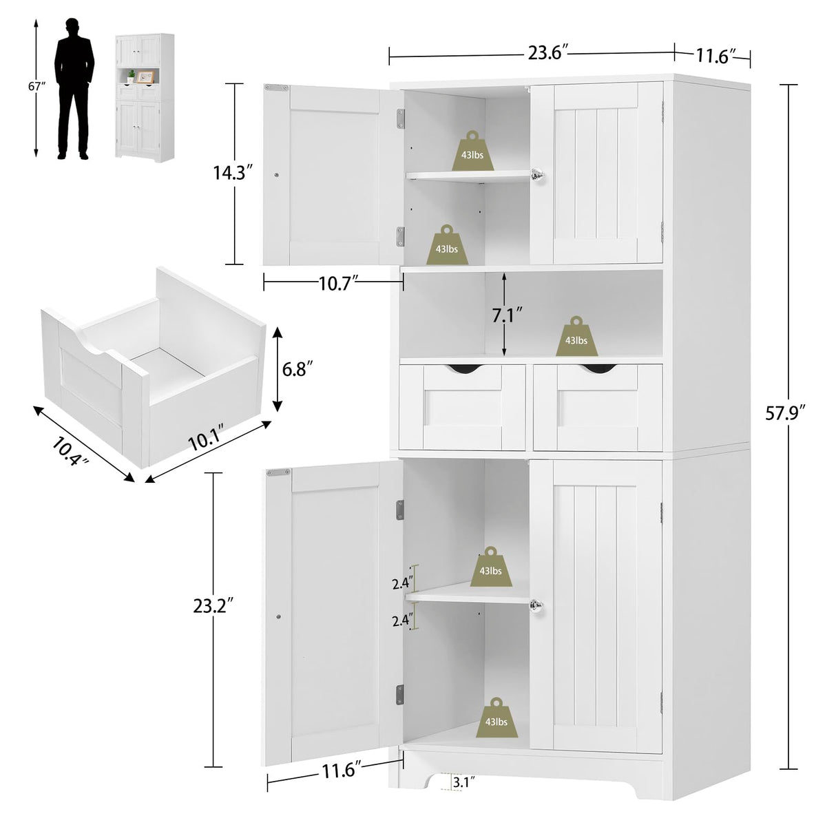 Tall Storage Cabinet, Bathroom Cabinet with Adjustblae Shelves & 2 Drawers, Bathroom