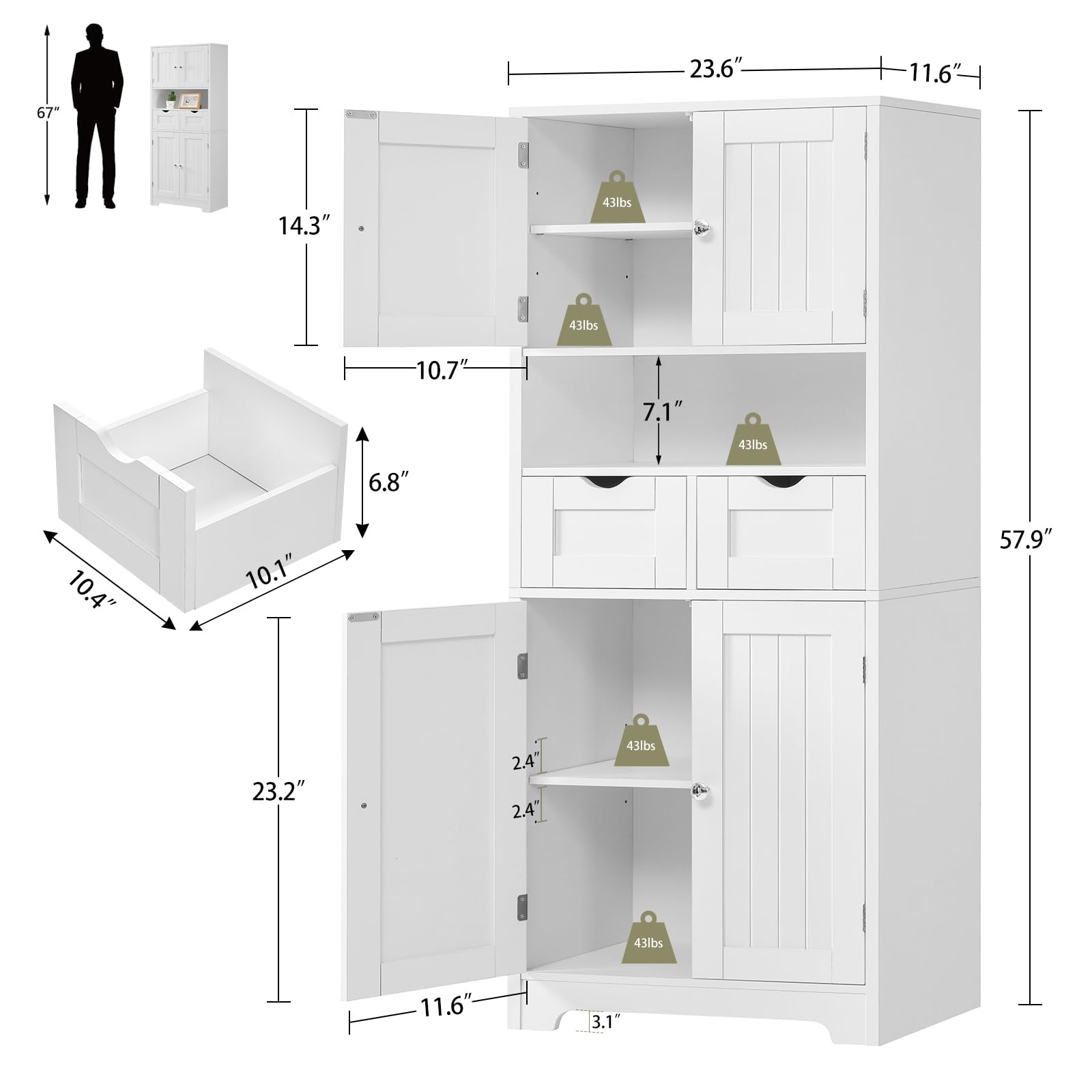 Tall Storage Cabinet, Bathroom Cabinet with Adjustblae Shelves & 2 Drawers, Bathroom