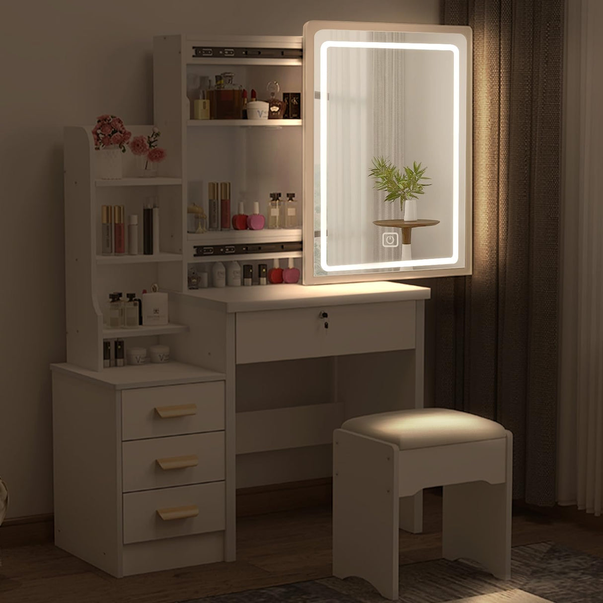 Vanity Desk with Lights,Makeup Vanity with Mirror,Small Vanity with 4 Drawers&Storage Shelves