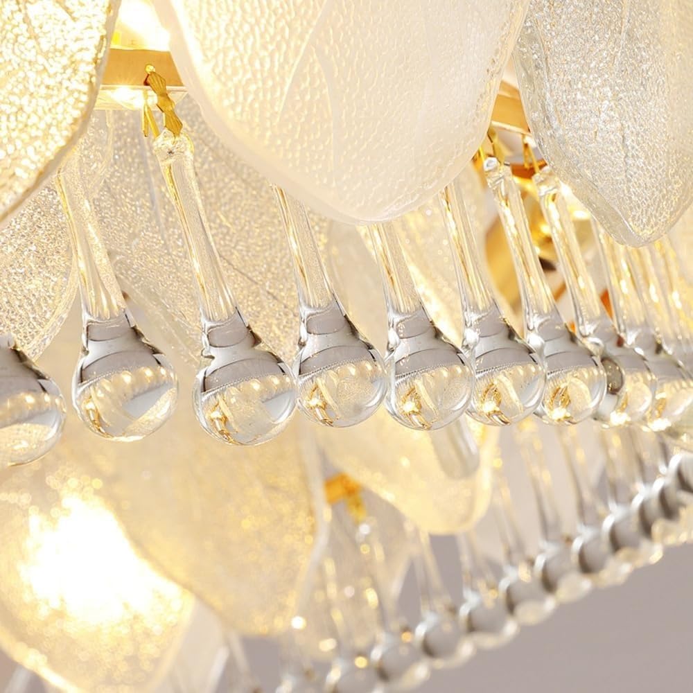 White Glass Leaf Round Ceiling Hanging Lamp Modern Crystal Raindrop Chandelier LED