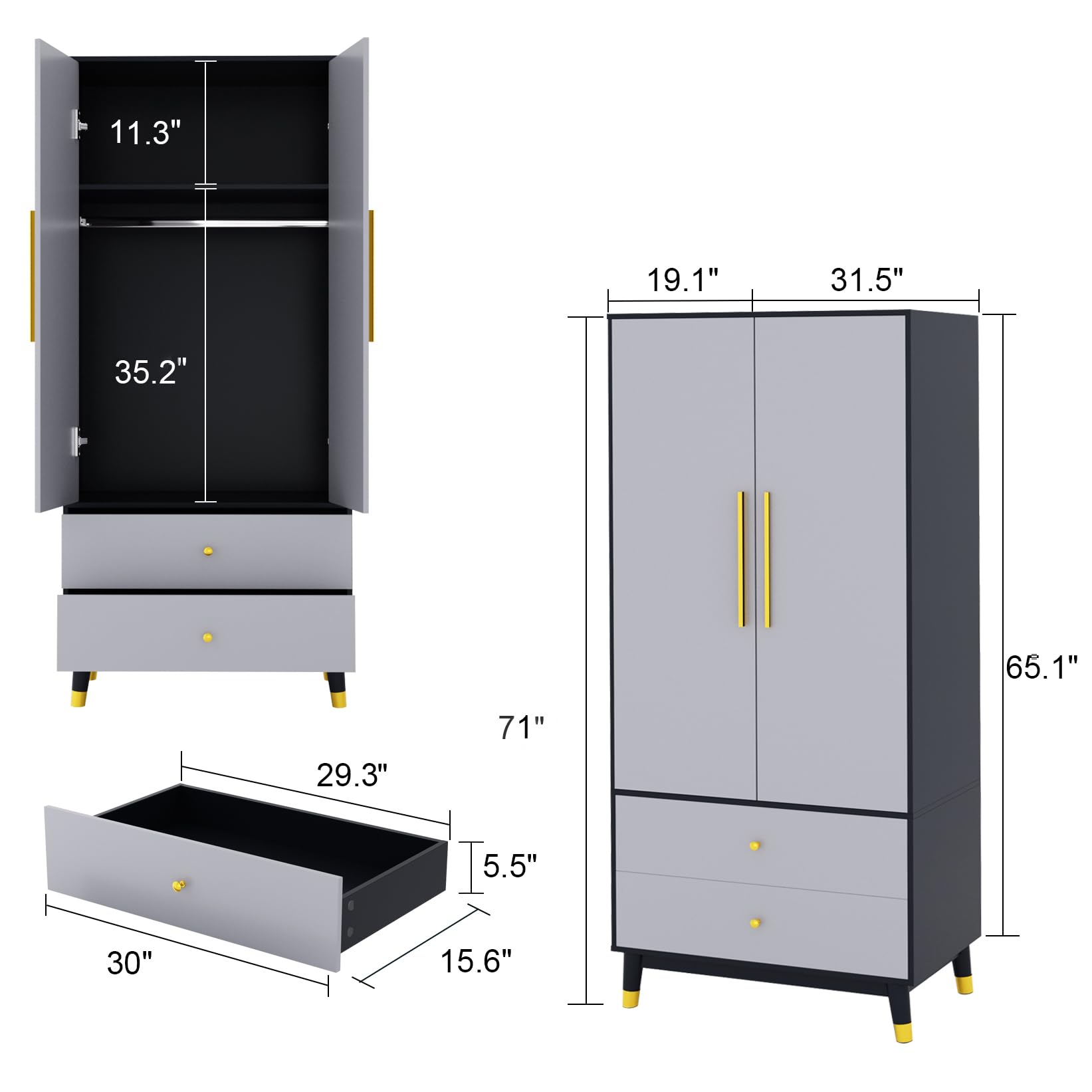 Wardrobe Armoire Closet with 2 Doors, Wooden Wardrobe Cabinet with 2 Drawers
