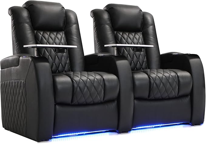 Home Theater Seating Top Grain Leather Recliner Chair Dual Power Movie Gaming