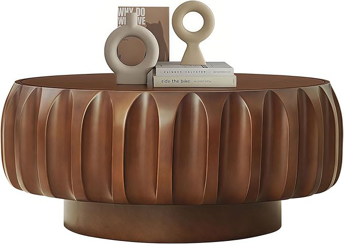 31.5'' Walnut Round Coffee Table, Drum Coffee Table Contemporary Wood Round