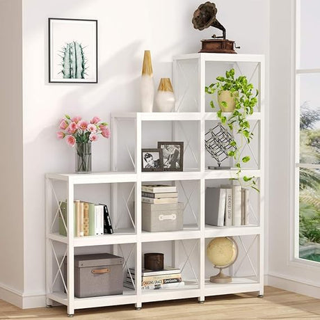 12 Shelves Bookshelf,Industrial Ladder Corner Bookshelf 9 Cubes Stepped Etagere Bookcase