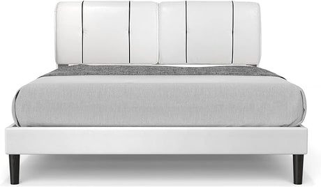 Queen Size Bed Frame Upholstered Low Profile Modern Platform Bed with Faux Leather Headboard/No Box Spring Needed/No Bed Skirt Needed (White)