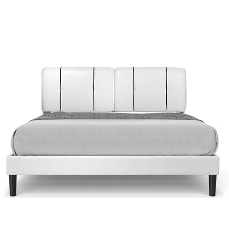 Queen Size Bed Frame Upholstered Low Profile Modern Platform Bed with Faux Leather Headboard/No Box Spring Needed/No Bed Skirt Needed (White)