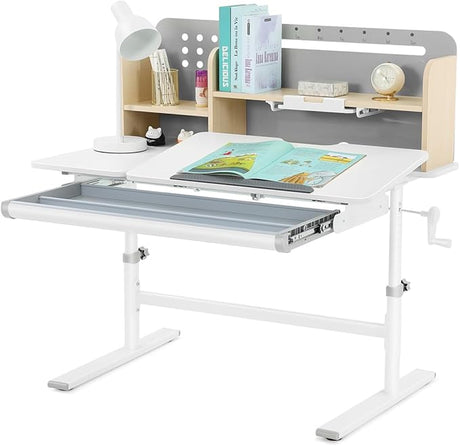 39in Wide Adjustable Height Kids Desk with Tilting Desktop, Steel Frame, Drawer