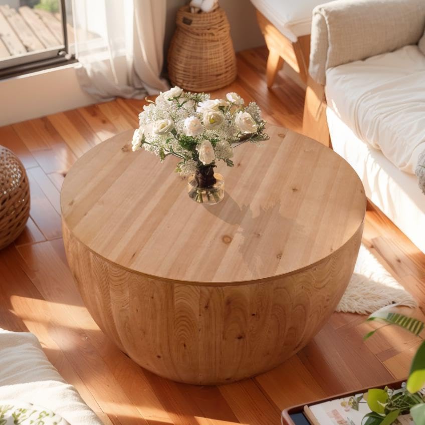 Vintage Wood Drum Coffee Table, Wood Round Coffee Table