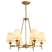 Gold Wagon Wheel Chandelier with White Linen Shade 6-Light Industrial Ceiling Light