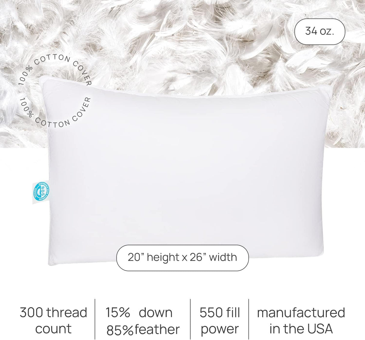 Cozy Dream Goose Feather and Down Pillows - RDS Certified, 100% Cotton Cover