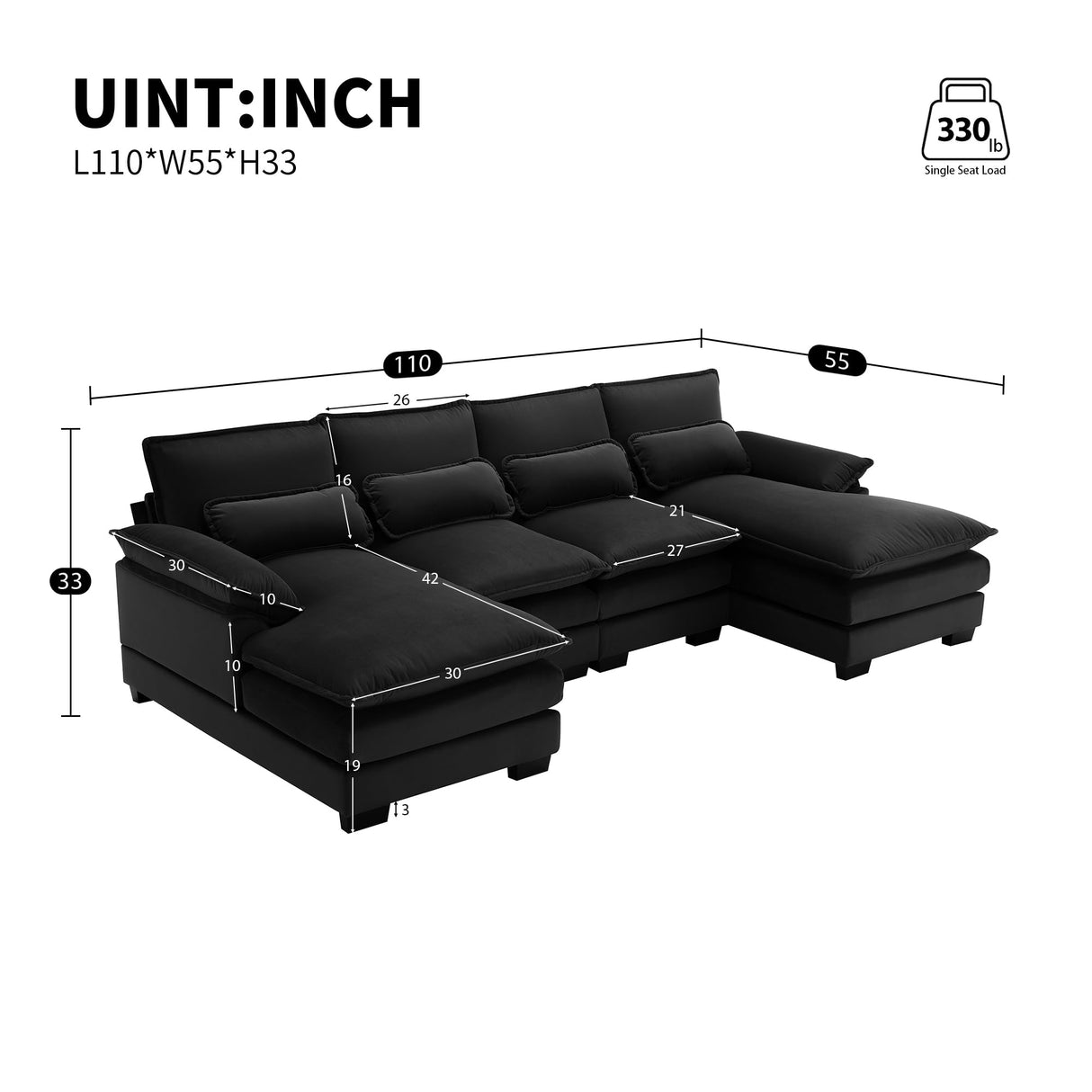 111" Sectional Couches for Living Room, Modern Polyester Fiber U-Shaped Sofa Couch