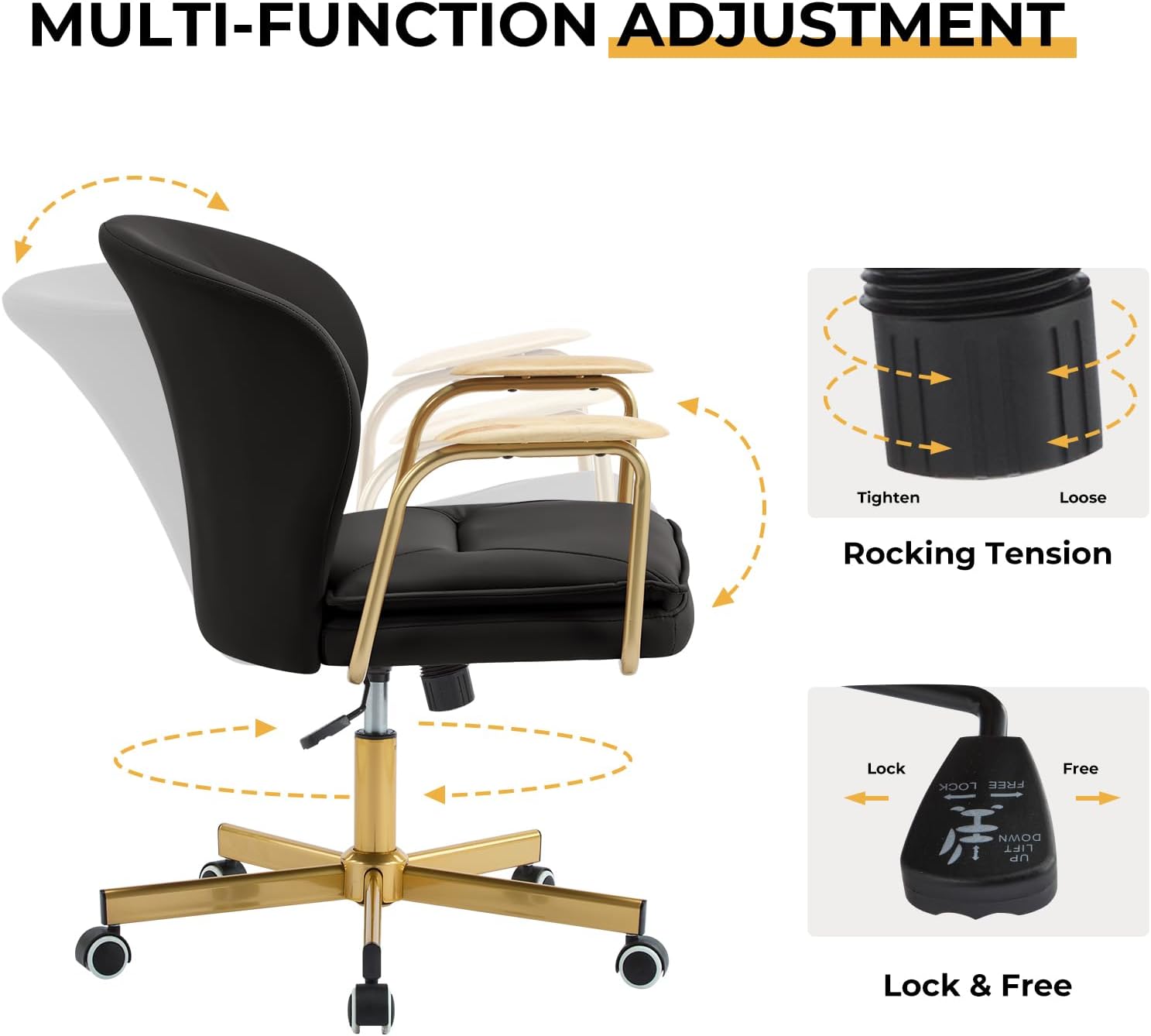 Leather Office Chair with Adjustable Swivel & Golden Legs