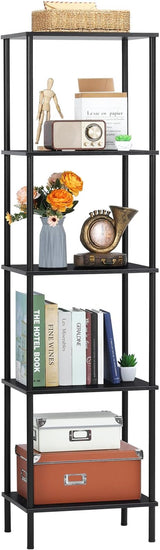 5 Tier Shelves Bookshelf,Tall Narrow Bookcase with Shelves,Wood and Metal Book Shelf Storage Organizer