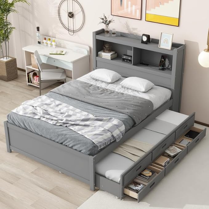 Size Daybed with Storage Headboard, Trundle and 2 Drawers, Built-in USB Plugs, Full Bed