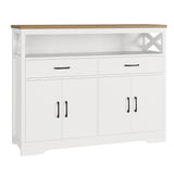 47" Modern Farmhouse Sideboard Buffet Cabinet, Wood Buffet Storage Cabinet with Drawers & Shelves, Large Coffee Bar Cabinet with Storage, Microwave Stand for Kitchen, Dining Room, White Brown